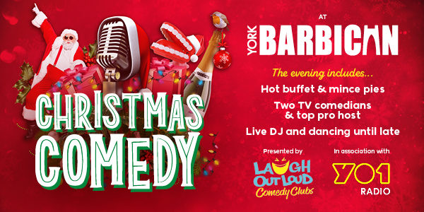 Christmas comedy logo on red festive background.