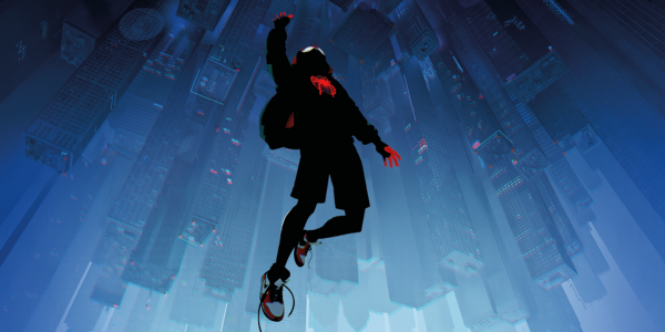A cartoon figure of spider-man in a black tracksuit against a background of a cartoon city.