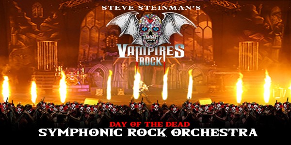 Vampire Rocks logo on top of an orchestra with fire in the background.