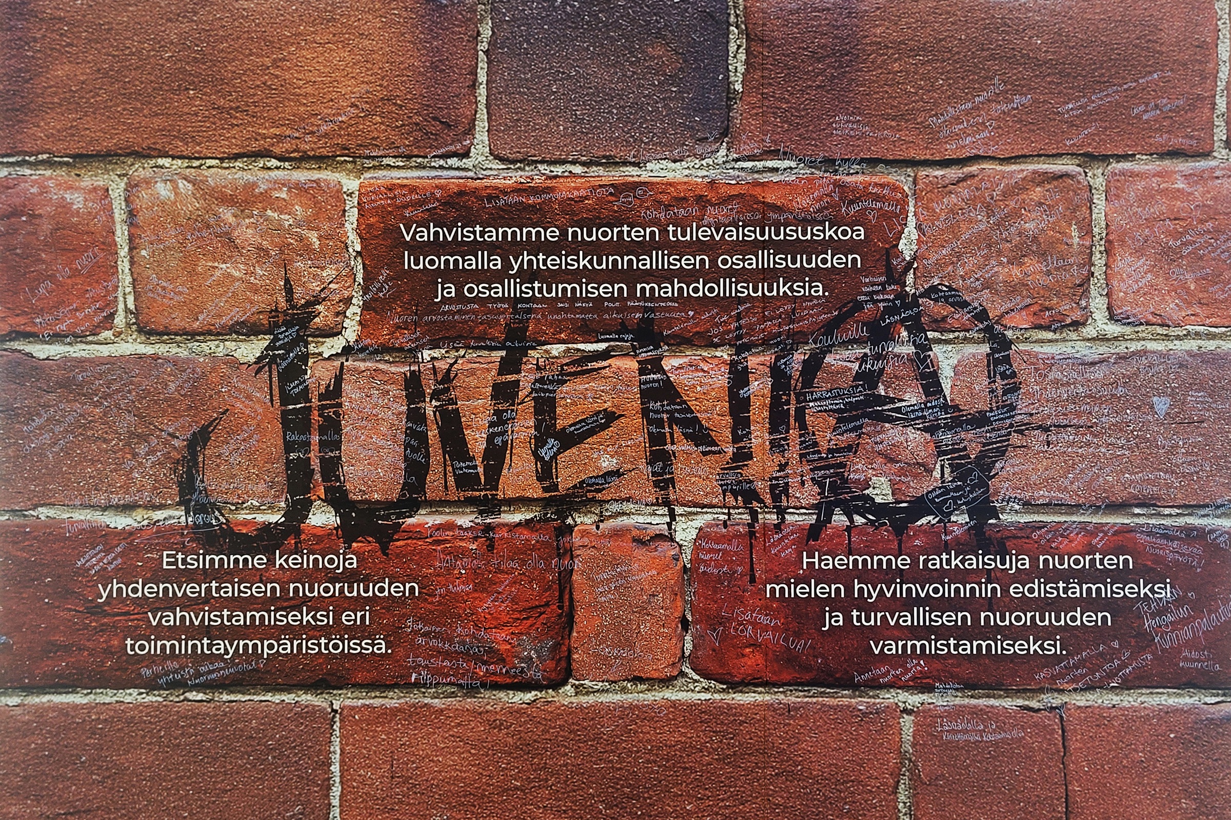 Kuva tiiliseinästä. Keskellä isolla teksti Juvenia. Koklmeen tiiliin kirjoittettu tekstiä. Vahvistamme nuorten tulevaisuususkoa luomalla yhteiskunnallisen osallisuuden ja osallistumisen mahdollisuuksia. Etsimme keinoja yhdenvertaisen nuoruuden vahvistamiseksi eri toimintaympäristöissä. Haemme ratkaisuja nuorten mielen hyvinvoinnin edistämiseksi ja turvallisen nuoruuden varmistamiseksi. Seinään kirjoitettu myös paljon muita kommentteja, jotka eivät näy selkeästi.