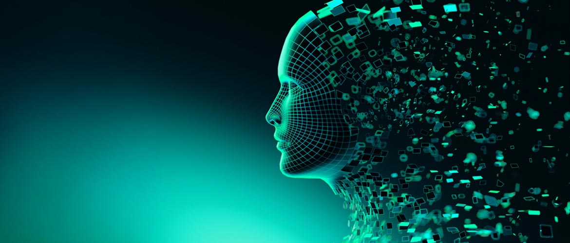 Digital stilisiertes Gesicht in Seitenansicht mit Matrixstruktur und Datenfragmenten – Symbolbild für Legal Tech, Künstliche Intelligenz im Recht und Digitalisierung juristischer Arbeitsprozesse in der Fortbildung im Deutschen Anwaltsinstitut