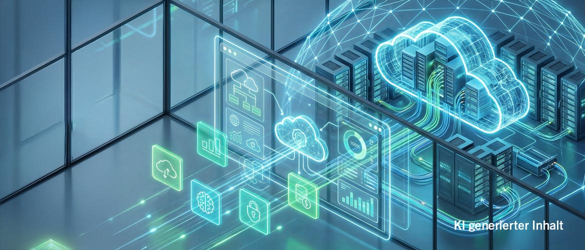 Futuristische Darstellung einer Cloud‑Computing‑Infrastruktur mit vernetzten Serverracks, Datenströmen und leuchtenden Cloud‑Symbolen; KI‑generierte Technikvisualisierung