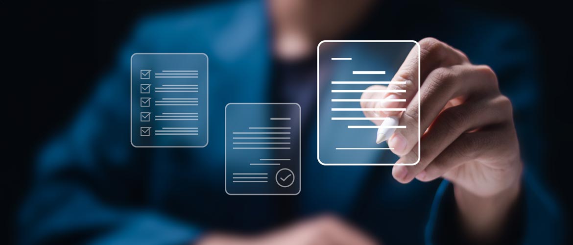 virtuelle Dokumente schweben im VordergruHand mit digitalem Stift interagiert mit virtuellen Dokumenten-Icons – Symbolbild für Legal Tech, elektronisches Dokumentenmanagement und Digitalisierung juristischer Prozesse - Fortbildungen für Fachanwälte im Deutschen Anwaltsinstitutnd, eine NotarUnterschreibt