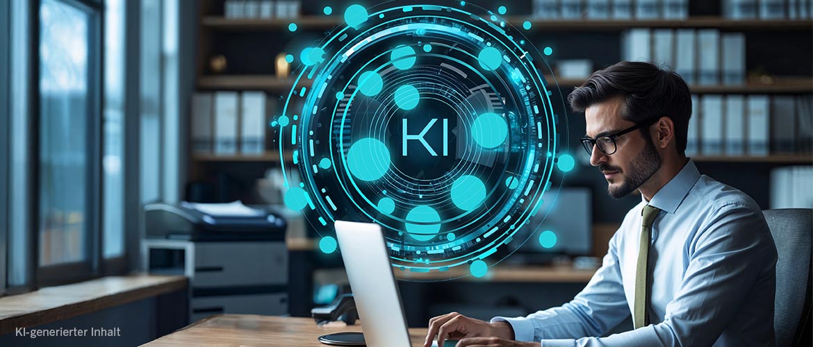 Richtig Prompten: Jurist am Laptop neben KI-Visual — DAI Selbststudium zu Large Language Models, Prompting-Techniken und Datenschutz in der juristischen Praxis