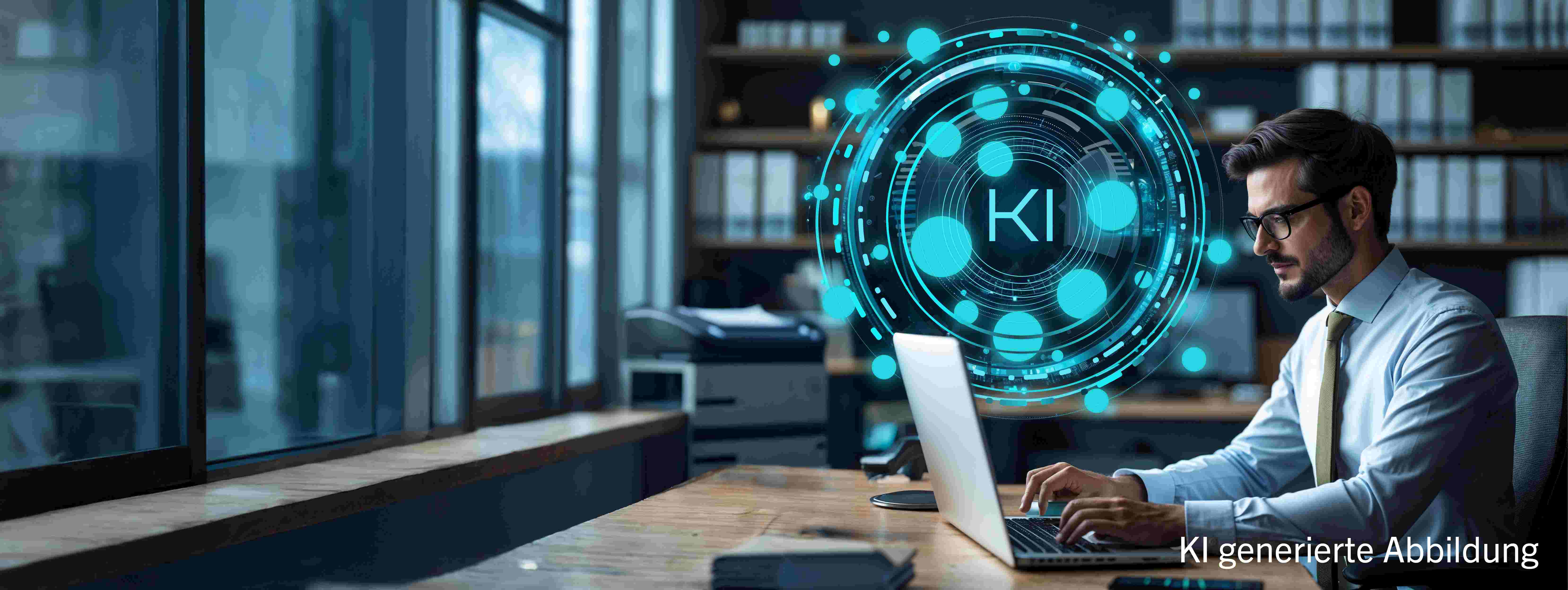 Diese Bild ist ein KI-generierter Inhalt. Es zeigt einen Mann in Büro am Schreibtisch der mithilfe eines KI-Agenten seinen Arbeitsalltag bestreitet im Hintergrund ist eine Symbolischen Darstellung von KI zusehen
