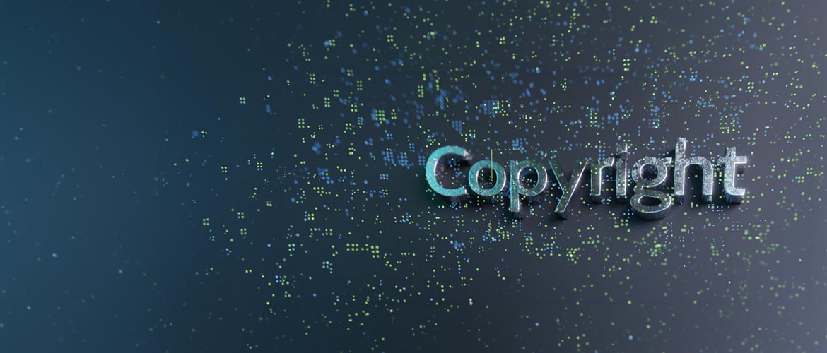 Copyright-Schriftzug in 3D auf digitalem Hintergrund mit Datenpunkten, Symbol für Urheberrecht, Markenrecht, digitale Inhalte, Schutz geistigen Eigentums, Technologie.