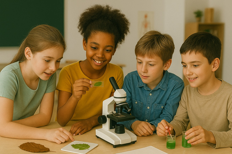 Eine Kindergruppe experimentiert mit einem Mikroskop