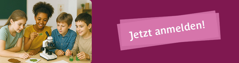 Banner zum Fachforum Schule und einer Anmeldeaufforderung