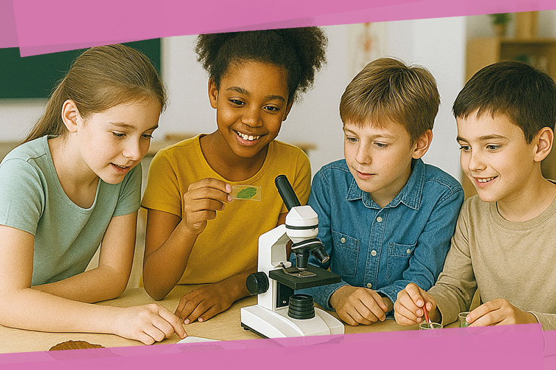 Eine Gruppe Schülerinnen und Schüler experimentiert mit einem Mikroskop