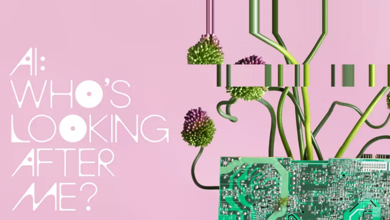 exhibition title treatment reading ai: who's looking after me on a pink background with plants and motherboard image on the right