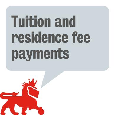 Reggie the Lion with 'Tuition and residence fee payments' speech bubble