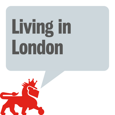 Reggie the Lion with 'Living in London' speech bubble