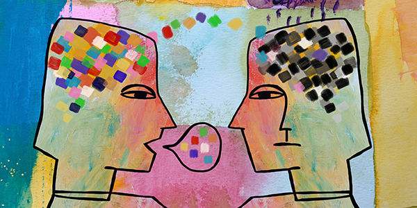 Zwei abstrakt gezeichnete Köpfe im Dialog