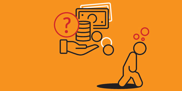 Zeichnung mit betrübter Figur, die von einer Geld haltenden Hand weggeht.