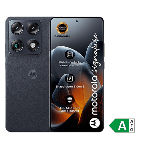 Motorola Signature Smartphone in Vorder- und Rückansicht, Energieeffizienzklasse A.