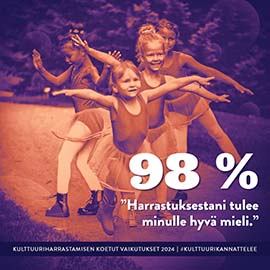 Neljä lasta tanssii ulkona iloisin ilmein ja sitaatti 98 % harrastuksestani tulee minulle hyvä mieli.