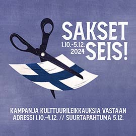 Sakset leikkaavat Suomen lipusta palan pois kampanjamainoksessa.