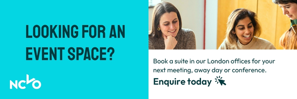 Promotional banner for NCVO event spaces with text “Looking for an event space?” alongside a photo of three people meeting and a message inviting users to book a suite in their London offices for meetings, away days, or conferences.