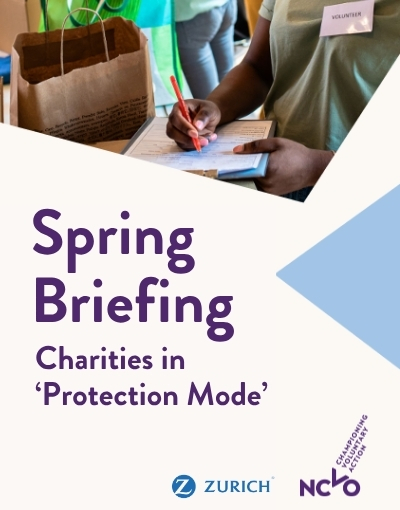 A graphic showing a report cover, with text that reads - 'Spring Briefing Charities in 'Protection Mode'