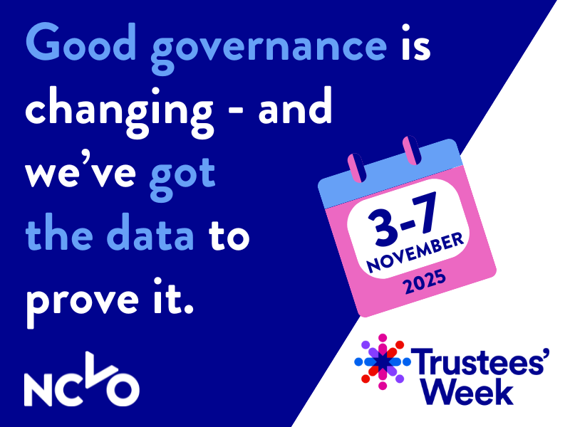 Graphic promoting Trustees’ Week 2025. Text reads: “Good governance is changing – and we’ve got the data to prove it.” Dates shown on a calendar icon: “3–7 November 2025.” Logos for NCVO and Trustees’ Week appear at the bottom.