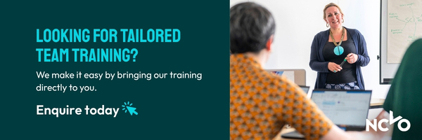 “Promotional banner showing a trainer presenting to a small group in an office setting. Text reads: ‘Looking for tailored team training? We make it easy by bringing our training directly to you. Get in touch.’”