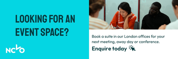 NCVO banner promoting London event space hire, featuring a group of people in a meeting and text encouraging users to enquire about booking a suite for meetings, away days or conferences.