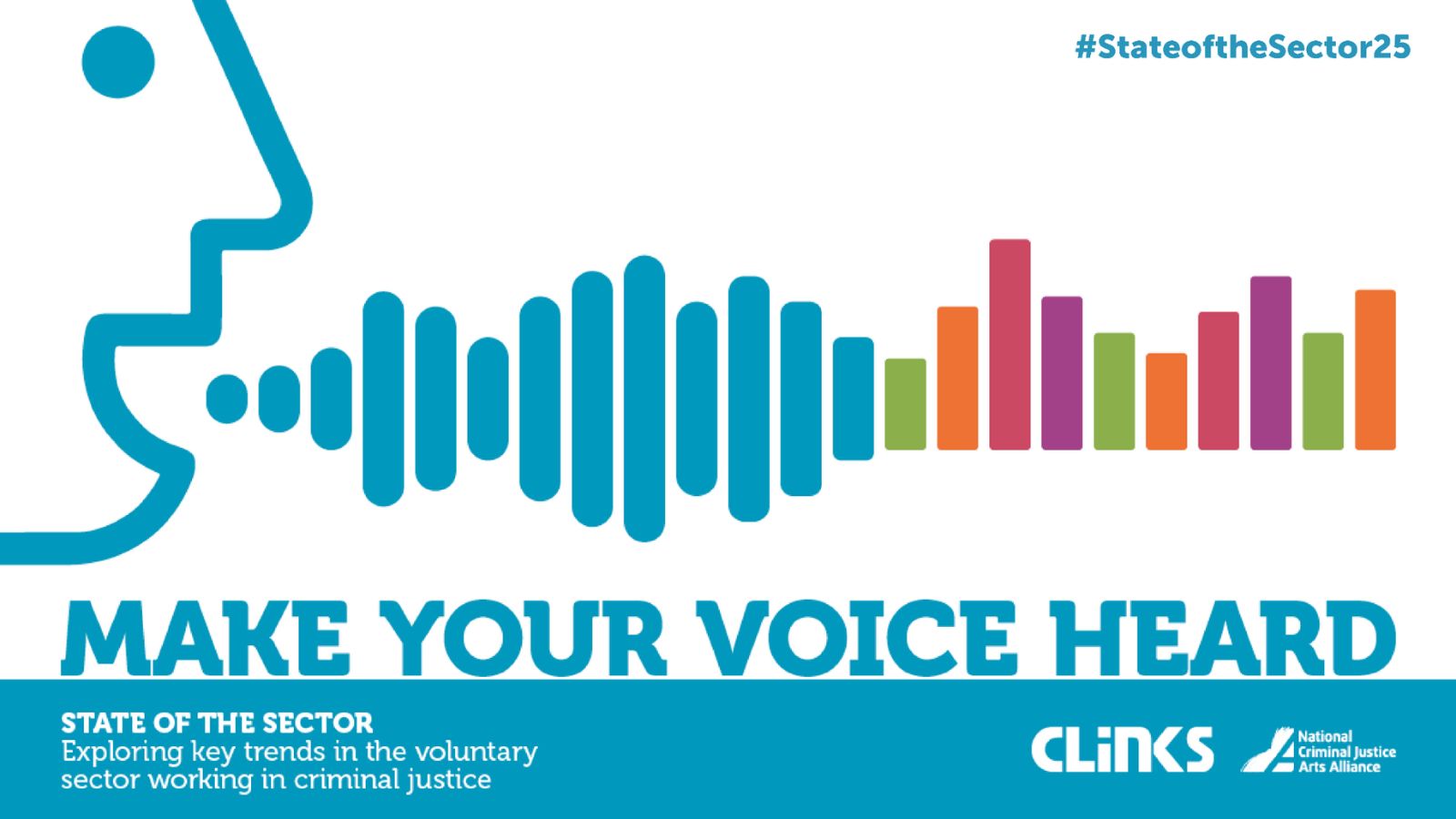 Graphic with the outline of a face speaking into colorful soundwave bars. The text reads: ‘MAKE YOUR VOICE HEARD.’ Below, it says: ‘STATE OF THE SECTOR – Exploring key trends in the voluntary sector working in criminal justice.’ Logos for Clinks and the National Criminal Justice Arts Alliance appear at the bottom, with the hashtag #StateoftheSector25 in the top right corner.