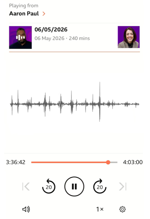 Screenshot of an audio player app playing a recording from “Aaron Paul.” The recording is titled “06/05/2026” and is 240 minutes long. A waveform visualization is displayed in the center of the screen. The playback position is at 3:36:42 of 4:03:00. Playback controls at the bottom include skip back 20 seconds, pause, skip forward 20 seconds, volume, playback speed set to 1x, and settings.