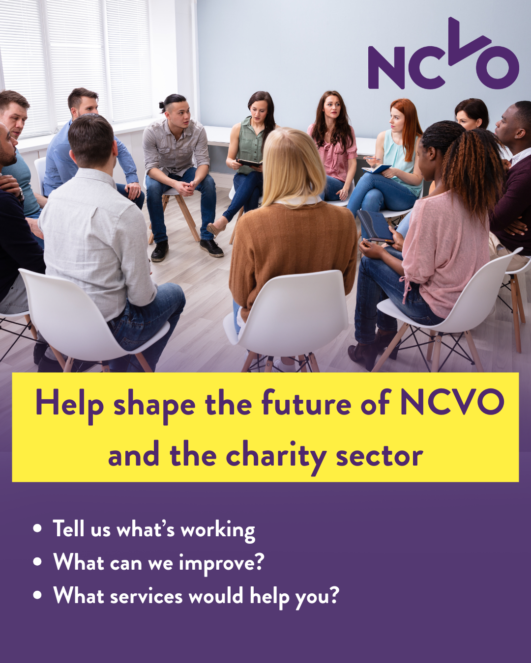 A group of diverse people seated in a circle having a discussion in a bright room. The NCVO logo is in the top right corner. Below the image, a yellow banner reads: 'Help shape the future of NCVO and the charity sector'. Text underneath lists: 'Tell us what’s working, What can we improve?, What services would help you?'