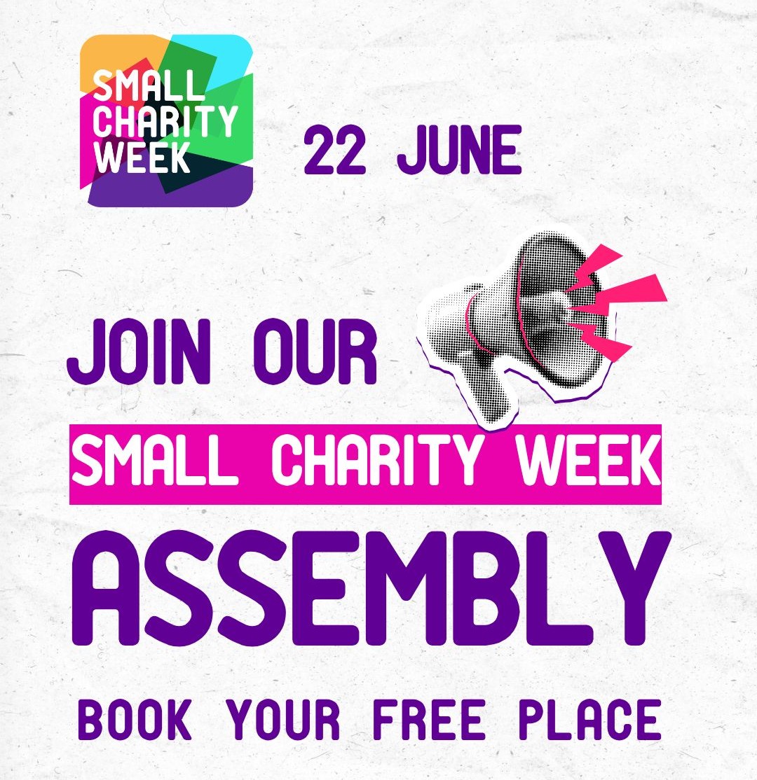 Promotional graphic for the Small Charity Week Assembly on 22 June. The design features the Small Charity Week logo in the top left, large purple text reading “Join Our Small Charity Week Assembly,” and a megaphone illustration with pink sound bursts. At the bottom, purple text says “Book Your Free Place.” The background is light grey with a subtle textured effect.