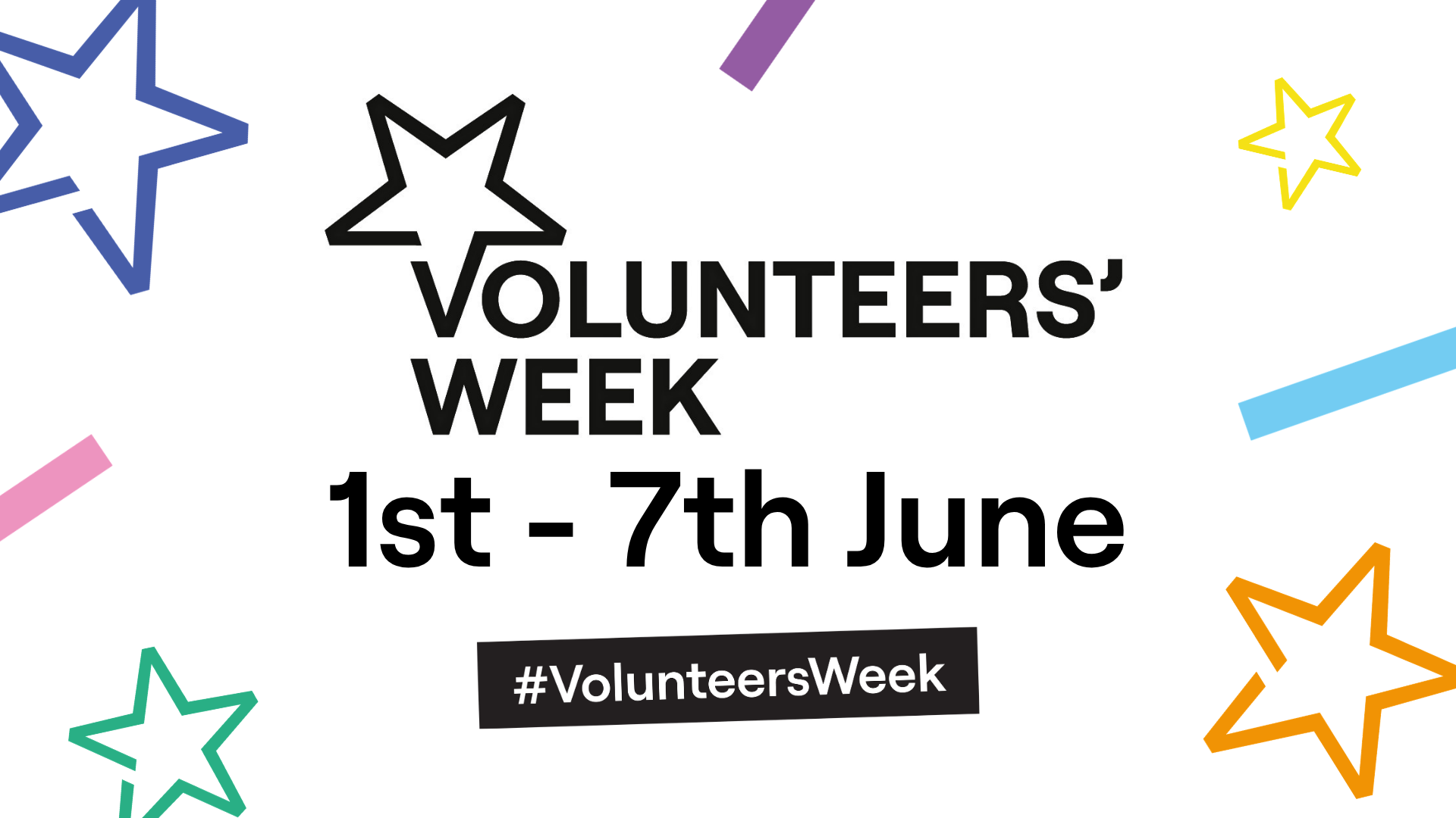 Promotional graphic for Volunteers’ Week (1st–7th June) featuring the hashtag #volunteersweek and decorative stars in various colours.