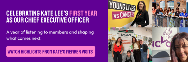NCVO graphic reading: “Celebrating Kate Lee’s first year as our Chief Executive Officer. A year of listening to members and shaping what comes next.” A collage shows Kate visiting member organisations. Button text: “Watch highlights from Kate’s member visits.”