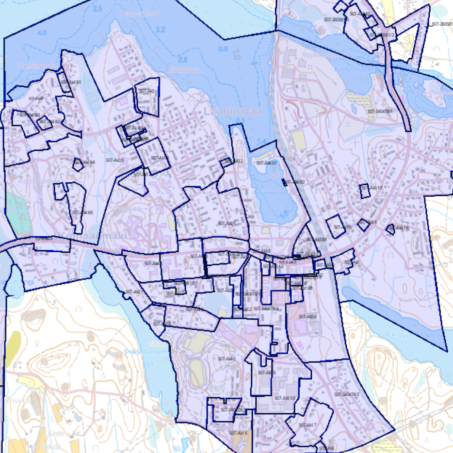 Kaava-alueiden rajoja JAKO-järjestelmässä.