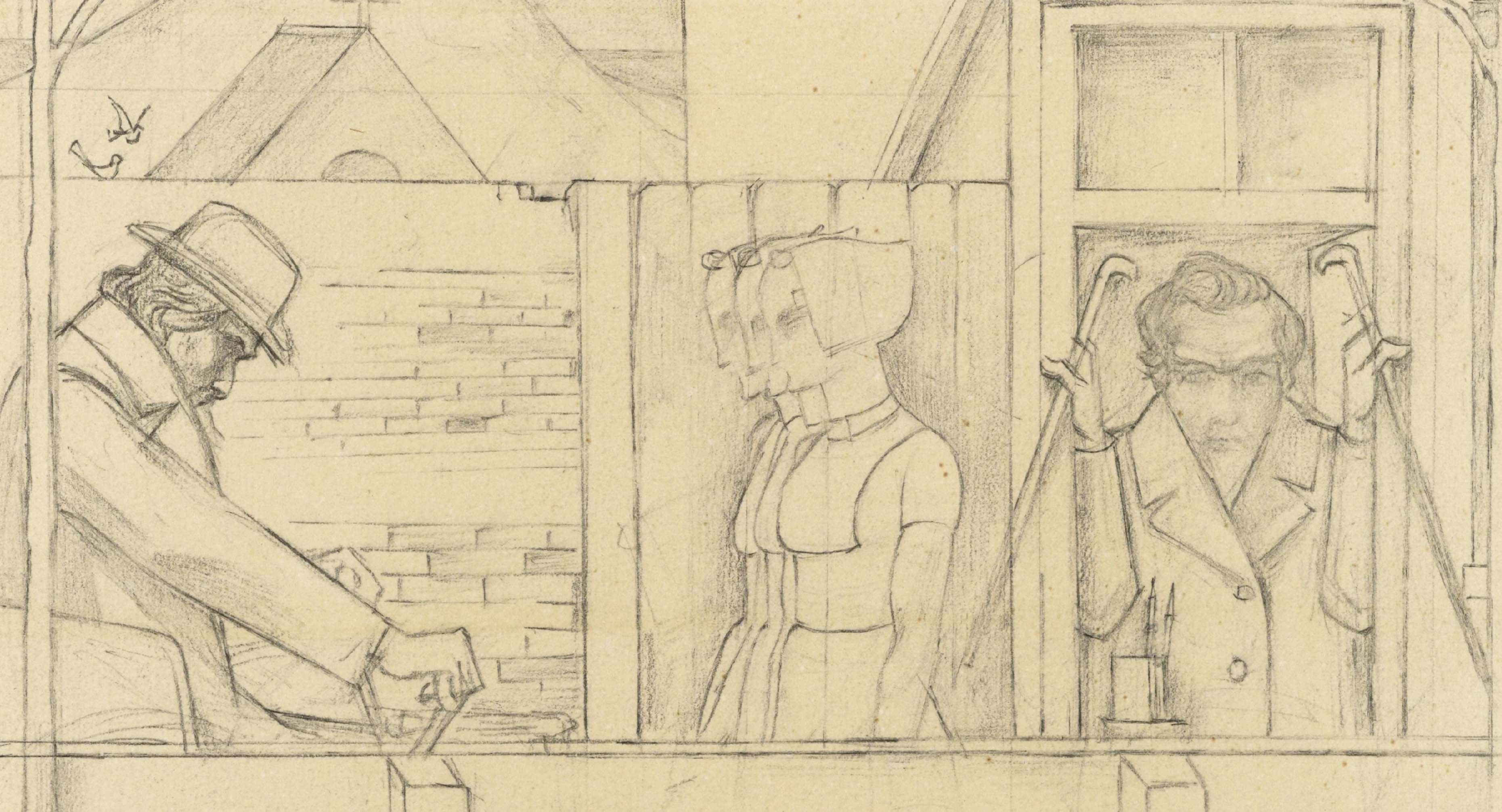 Jan Toorop in een rolstoel ziet zijn verleden in drie Zeeuwse meisjes en zichzelf in een raam, Jan Toorop, 1921