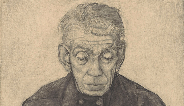 Getekend portret van een oude meneer kijkend naar beneden. Gemaakt door Jan Mankes.