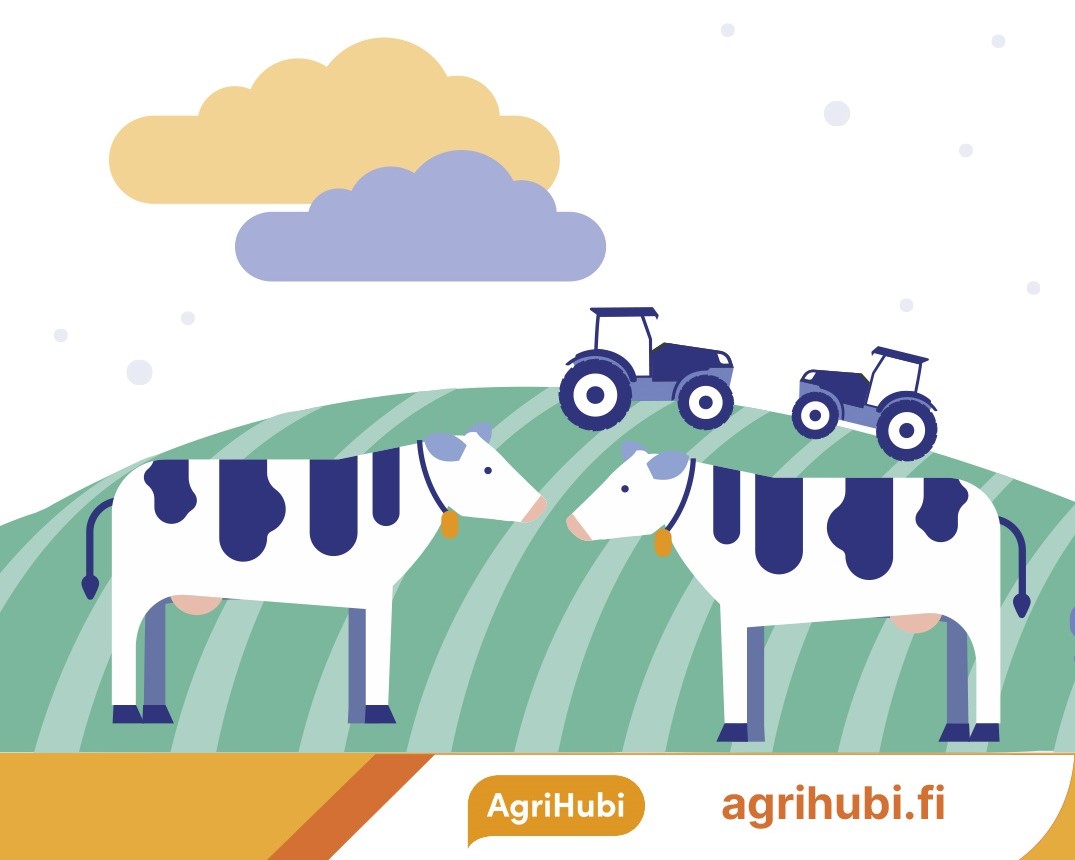 Digitaalinen kuvituskuva lehmistä ja traktoreista.