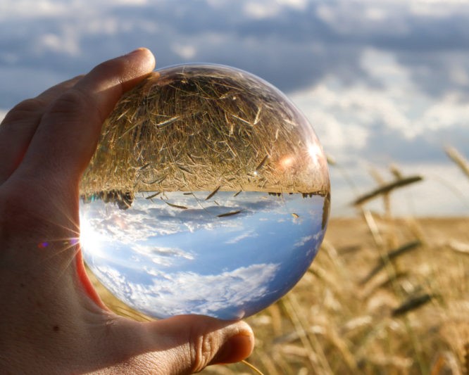 Käsi pitää läpinäkyvää palloa peltomaiseman edessä.