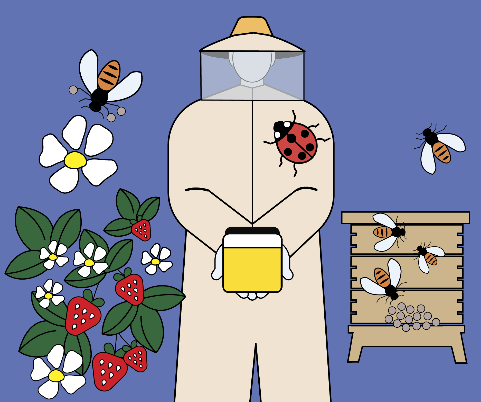 Digitaalinen kuvituskuva, jossa on mehiläistenhoitaja, mansikoita ja mehiläisiä.