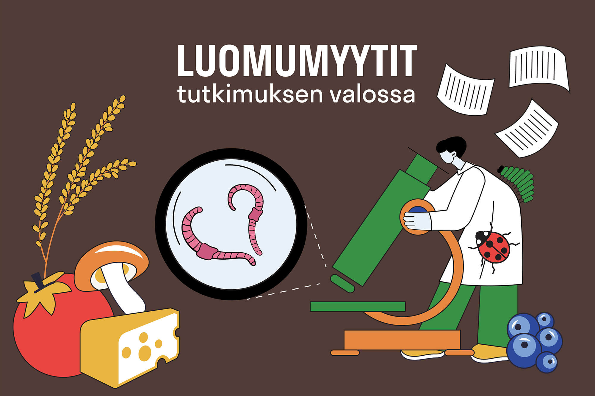 Piirroskuva, jossa teksti "Luomumyytit tutkimuksen valossa", tutkija sekä ruoka-ainesosia.