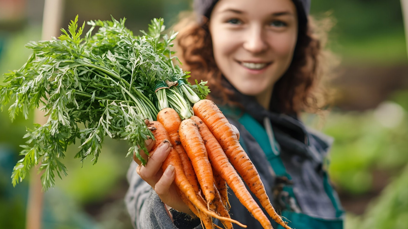 Henkilö, jolla on porkkanoita kädessä.