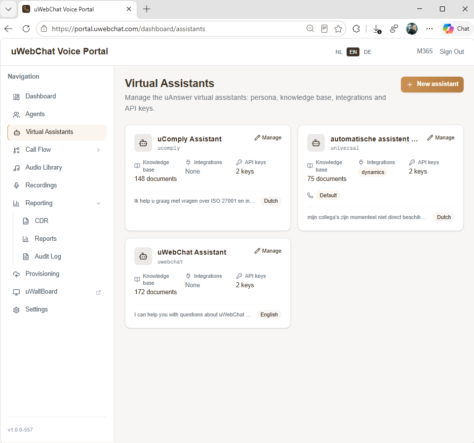 Virtual assistants beheren in het uWebChat-portaal