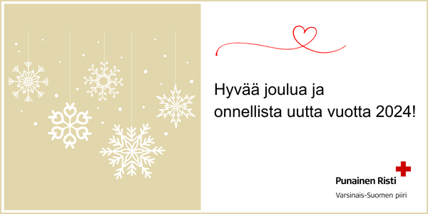 Joulukortti, jossa lumihiutalekuvioita, sydän ja teksti Hyvää jouua ja onnellista uutta vuotta 2024! Kortissa myös Punaisen Ristin Varsinais-Suomen piirin logo. 