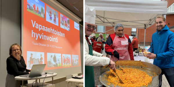 Henkilö seisoo katse kohti kameraa. Taustalla diaesitys  jonka otsikko on Vapaaehtoisten hyvinvointi. Toisessa kuvassa henkilölle ojennetaan ruokaa paellapannulta. 