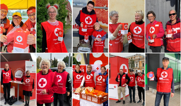 Kuvakollaasissa monta pientä kuvaa, jossa Punaisen Ristin Nälkäpäivä-lipaskerääjiä punaisissa keräysliiveissään.