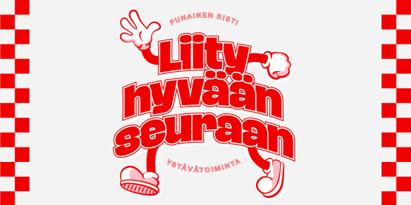 Piirretyt käden ja jalat ja välissä teksti Punainen Risti, liity hyvään seuraan, ystävätoiminta.