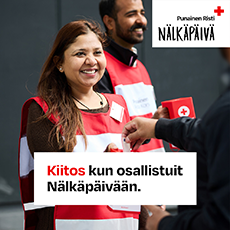 Kaksi hymyilevää Punaisen Ristin lipaskerääjää. Teksti: Kiitos kun osallistuit Nälkäpäivään.