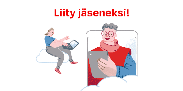 Graafinen kuvituskuva hymyilevistä henkilöistä it-laitteiden kanssa. Teksti: Liity jäseneksi!