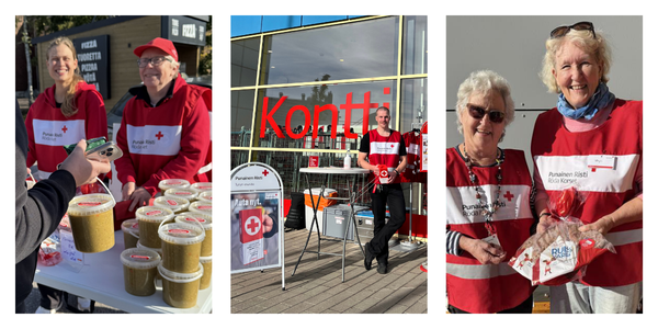 Hymyileviä Punaisen Ristin vapaaehtoisia Nälkäpäivä-tapahtumissa ulkona.