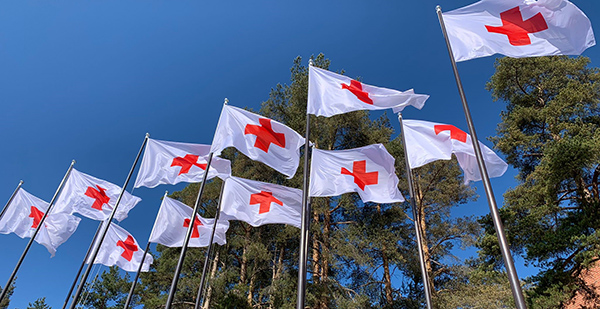 Punaisen Ristin lippuja liehuu sinistä taivasta ja mäntyjä vasten.