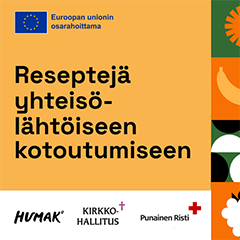 Reseptejä yhteisölähtöiseen kotoutumiseen. Logot: Euroopan unionin osarahoittama, Humak, Kirkkohallitus, Punainen Risti.